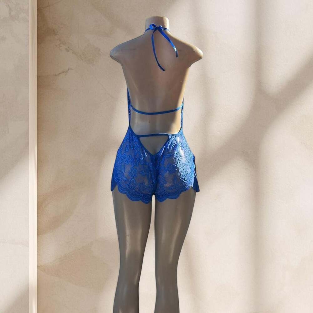 Blue Lace Bodysuit Lingerie β Halter Deep V Sheer Ruffle Detail Sexy β§ L - Picture 4 of 4